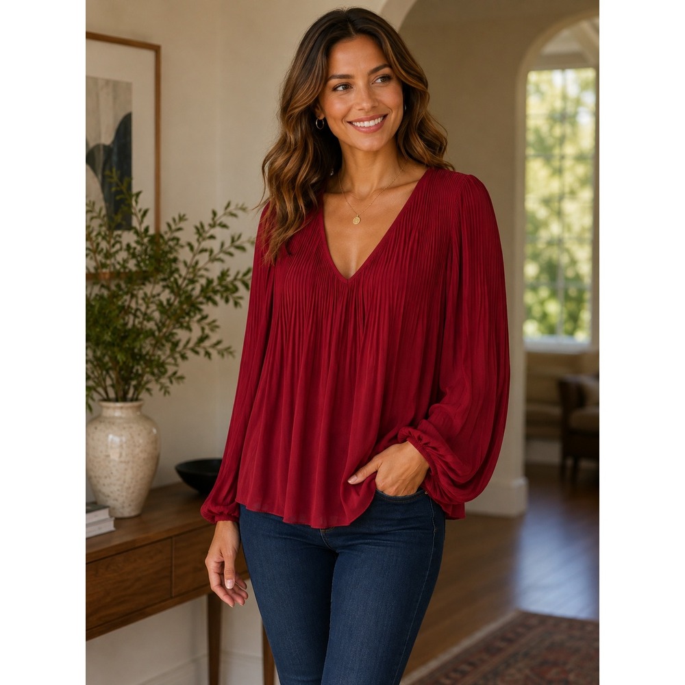 Quince Pleated V-Neck Balloon Sleeve Blouse Dark Cherry Red Small